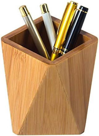 Bamboo Wood Pen Holder Stand for Desk Geometric Pencil Cup Pot Cute