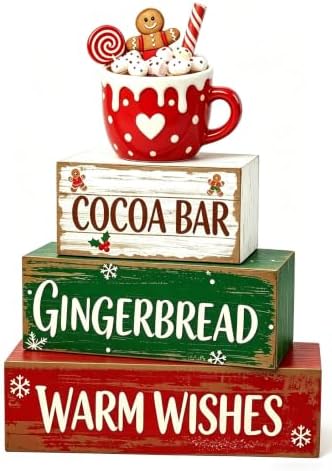 Gingerbread Tiered Tray Decor, 4 Pcs Wooden Block Signs, Christmas