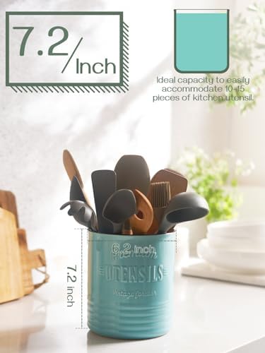 DOWAN 7.2" Large Ceramic Utensil Holder for Kitchen Counter, Turquoise