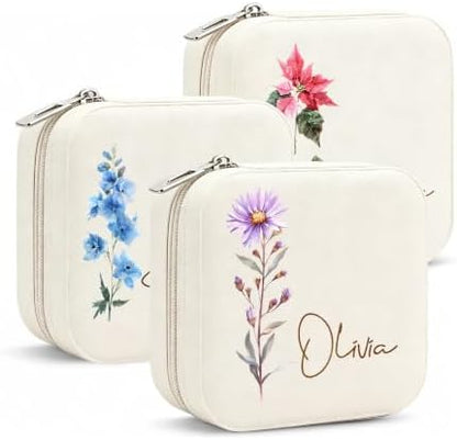 DayOfShe Personalized Travel Jewelry Box with Name and Birth