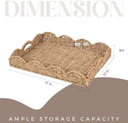 Scalloped Seagrass Tray, Hand-Woven Wicker Storage Baskets with