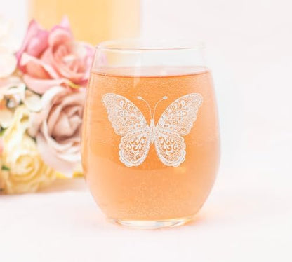 C M Butterfly Stemless Wine Glass - Butterfly Lover Gift for Women