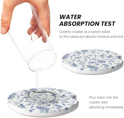 Vintage Blue Flower Car Coasters for Cup Holder Absorbent Ceramic Cup