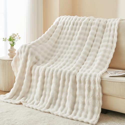 NEWCOSPLAY 3D Bubble Flannel Throw Blanket for Couch Ivory, 50"×60"