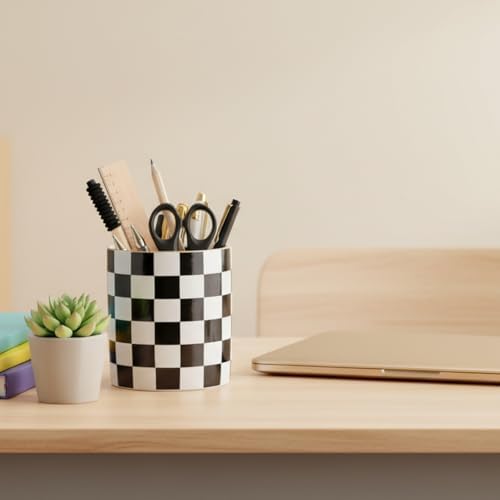 Ceramic Checkered Pen Holder For Desk Cute Stand Gold Line Pencil Cup