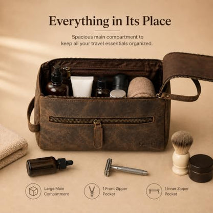KomalC Buffalo Leather Toiletry Bag for Men & Women, Travel Pouch