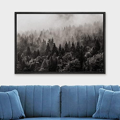 wall26 Framed Canvas Wall Art - Misty Forest in Black and White