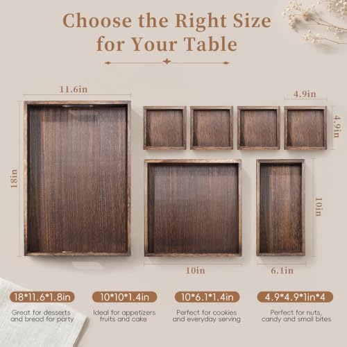 Wood Serving Tray with Handle, Set of 7 Nesting Rectangular Trays for
