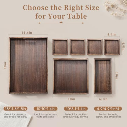 Wood Serving Tray with Handle, Set of 7 Nesting Rectangular Trays for