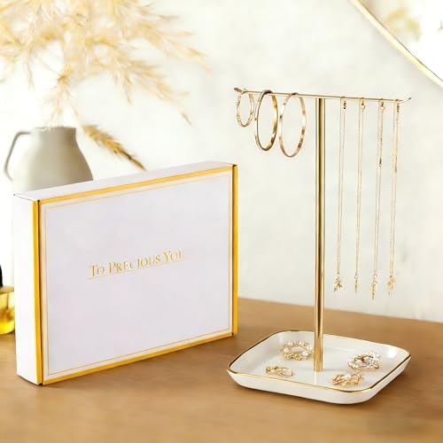 Jewelry Holder Stand with Ceramic Base: 12" Tall Necklace Organizer
