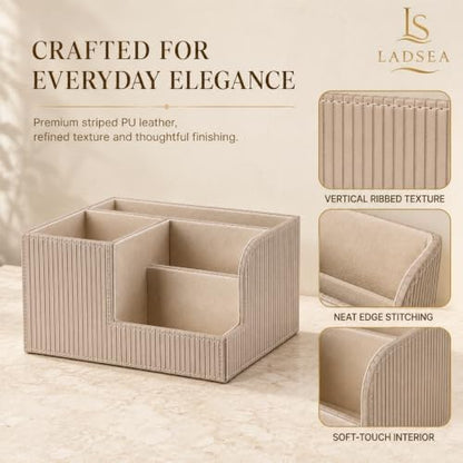 Pen Holder for Desk, 4-Compartment PU Leather Desk Organizer, Beige