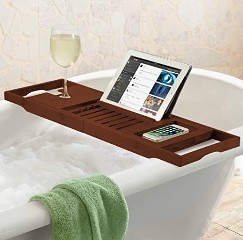 Bamboo Bathtub Caddy Tray - Expandable Waterproof Spa Bath Tray with