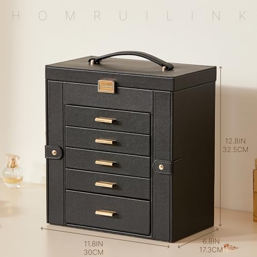 Large Leather Jewelry Box for Women, Mirror, 6 layer, Black