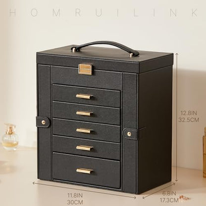 Large Leather Jewelry Box for Women, Mirror, 6 layer, Black