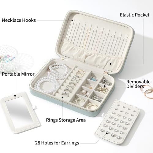 Genuine Leather Travel Jewelry Organizer Case Box with Mirror for