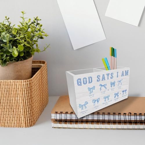 Coquette Blue Bow Christian Pen Holder for Desk, God Says I Am Bible
