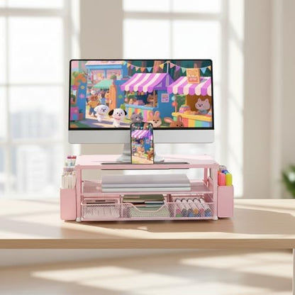 AUPSEN Pink Desk Organizers and Accessories, 2-Tier Wood Computer