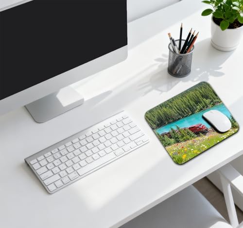 Vintage Red Train Mouse Pad, Turquoise Lake Flowering Mountain Desk