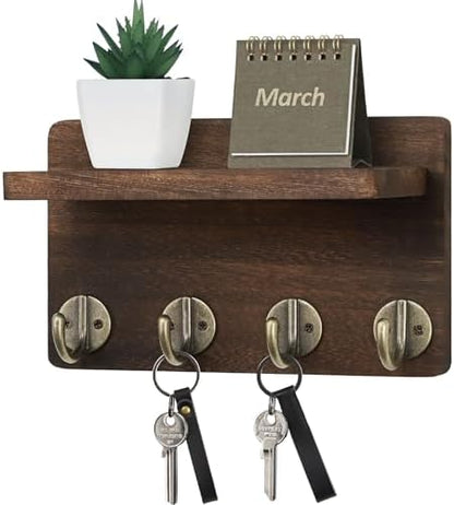 Nekon Key Holder Wall Mount, 8.5 Inch Wall Shelf, Brown