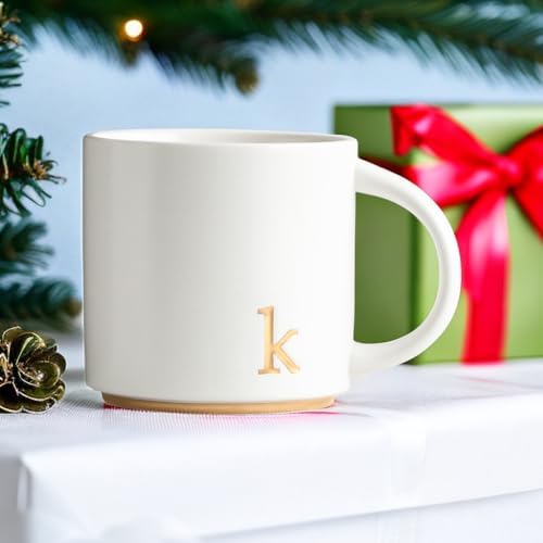 COLLECTIVE HOME Ceramic Coffee Mug, 15 oz Monogram Cup with Gift