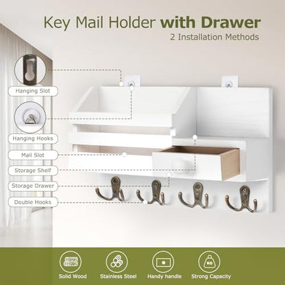 Key Holder Wall Mount, Wooden Key and Mail Organizer, White