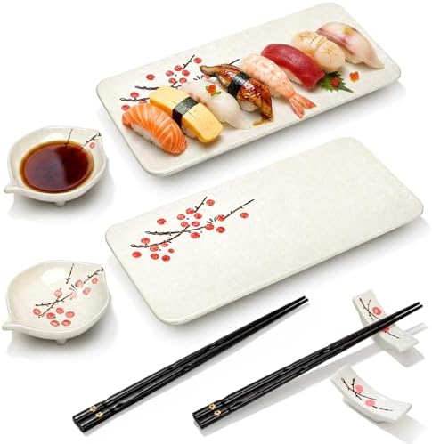 Pumtus 8 Pcs Ceramic Sushi Plate Set, Floral Japanese Serving Dishes