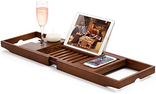 Bamboo Bathtub Caddy Tray - Expandable Waterproof Spa Bath Tray with