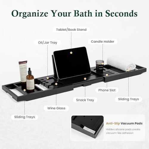 Teak Bathtub Tray, Adjustable Width Black Bath Caddy