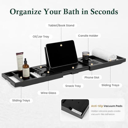 Teak Bathtub Tray, Adjustable Width Black Bath Caddy