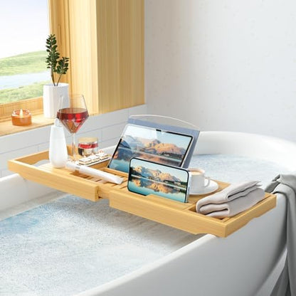 Sen Yi Bao Luxury Bamboo Bathtub Tray - Wooden Expandable Caddy with