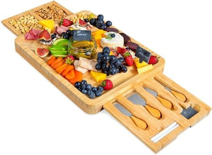 Bamboo Cheese Board and Knife Set with 2 Slide-Out Cutlery Drawers