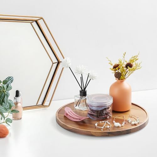 12 Inch Acacia Wood Round Tray, Wooden Decorative Bathroom Coffee