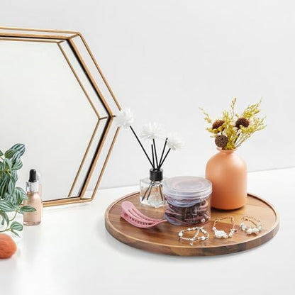 12 Inch Acacia Wood Round Tray, Wooden Decorative Bathroom Coffee
