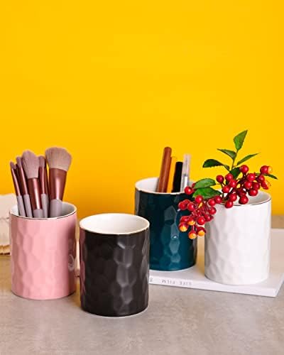 WHJY Ceramic White Pencil Cup, Makeup brushes Holder, Gold Pen Holder