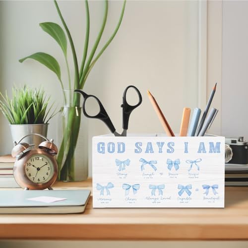 Coquette Blue Bow Christian Pen Holder for Desk, God Says I Am Bible