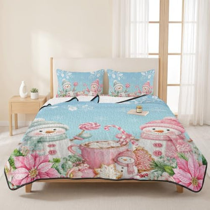 Christmas Quilt Set Twin Size 3 Pieces Quilted Bedspread Soft, Pink