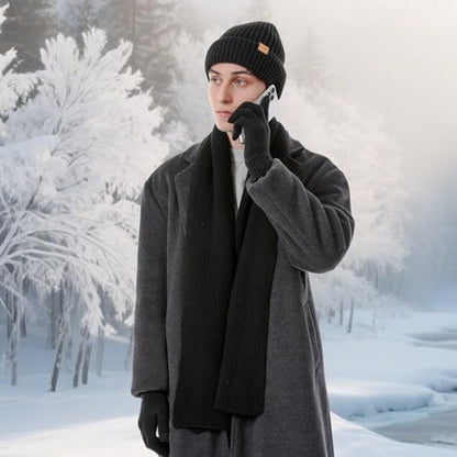 Winter Beanie Hats Long Neck Scarf for Men and Touchscreen Gloves 3PCS