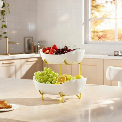 Ceramic 2 Tier Fruit Bowl, Fruit Basket for Kitchen Counter, Gold