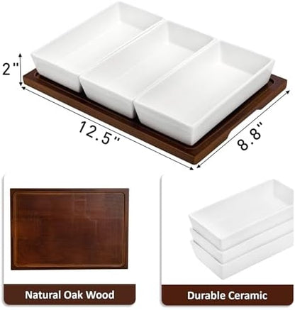 Elsjoy 3-Section Serving Tray, Wood Divided Serving Dish with Ceramic