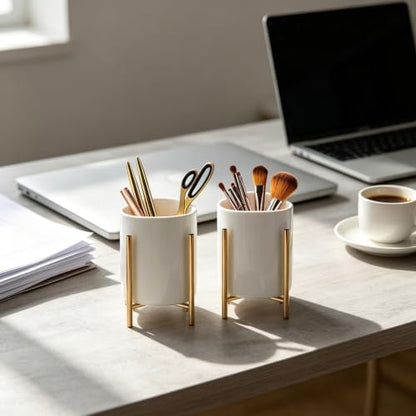Gold pencil cup Sturdy metal frame with white ceramic pen holder For