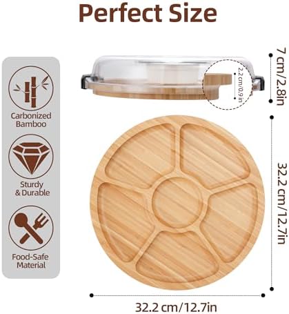 Charcuterie Board with Lid-Divided 6 Section Round Serving Tray with