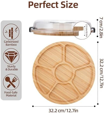 Charcuterie Board with Lid-Divided 6 Section Round Serving Tray with