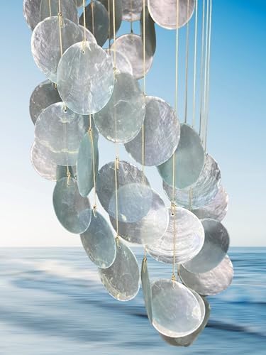 Top Brass Capiz Shell Wind Chime, 30" Spiral Coastal Outdoor Hanging