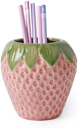 Sixbaole Pink Strawberry Ceramic Pencil Holder for Desk, Cute Office