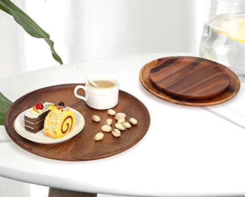 12 Inch Acacia Wood Food Dinner Plates Set of 2 Round Wooden Serving
