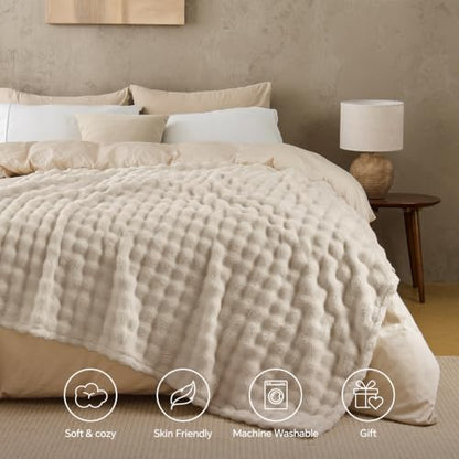 BEDELITE Beige Linen 3D Fleece Bubble Throw Blanket for Couch, 50x60