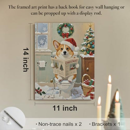 STHTTSW Christmas Dog Bathroom Wall Art, Cute Corgi on Toilet Canvas