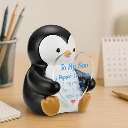 To My Son Penguin Figurine Gift, Resin Penguin Holding Heart Acrylic