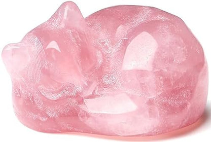 QINJIEJIE Rose Quartz Cat Decor Pink Gift Crystals Cat Stone Figurine