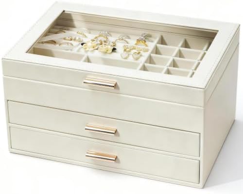 ZPROW Jewelry Box Organizer for Women with Glass Lid, 3-Layer Jewelry